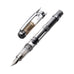 Wing Sung 698 (Clear/Silver) - Fine fountain pen, uncapped, displaying its fine nib and internal piston-style ink reservoir for easy maintenance and cleaning.