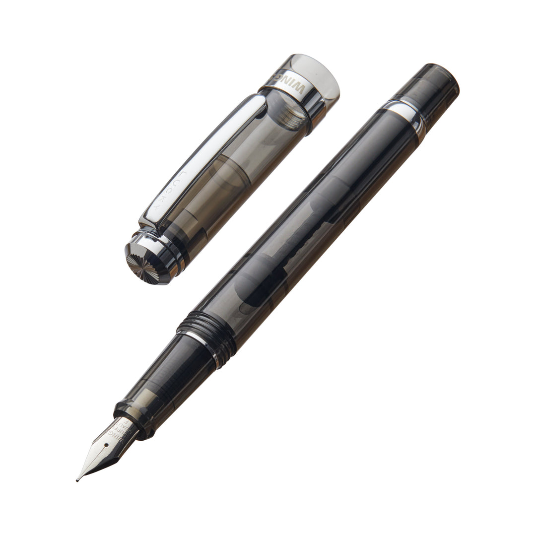 Wing Sung 698 (Black/Silver) - Fine, transparent-smoke-gray fountain pen with visible metal nib, ink reservoir, and silver-tone trim, cap removed and set aside.