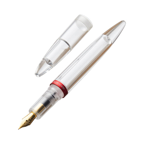 Moonman M2 (Clear) - Fine fountain pen with transparent acrylic body, visible ink chamber, gold-colored nib, and red band marked with MOONMAN, cap removed.