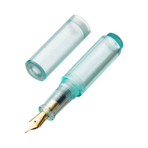 Wancai Mini (Light Green) - Fine, a translucent fountain pen uncapped, showcasing its gold-tone nib and compact demonstrator body.