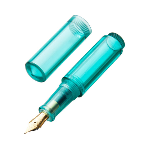 Wancai Mini (Dark Green) - Fine, a translucent teal-green fountain pen, disassembled to show the gold-colored nib, barrel, and cap, emphasizing its compact, versatile design.