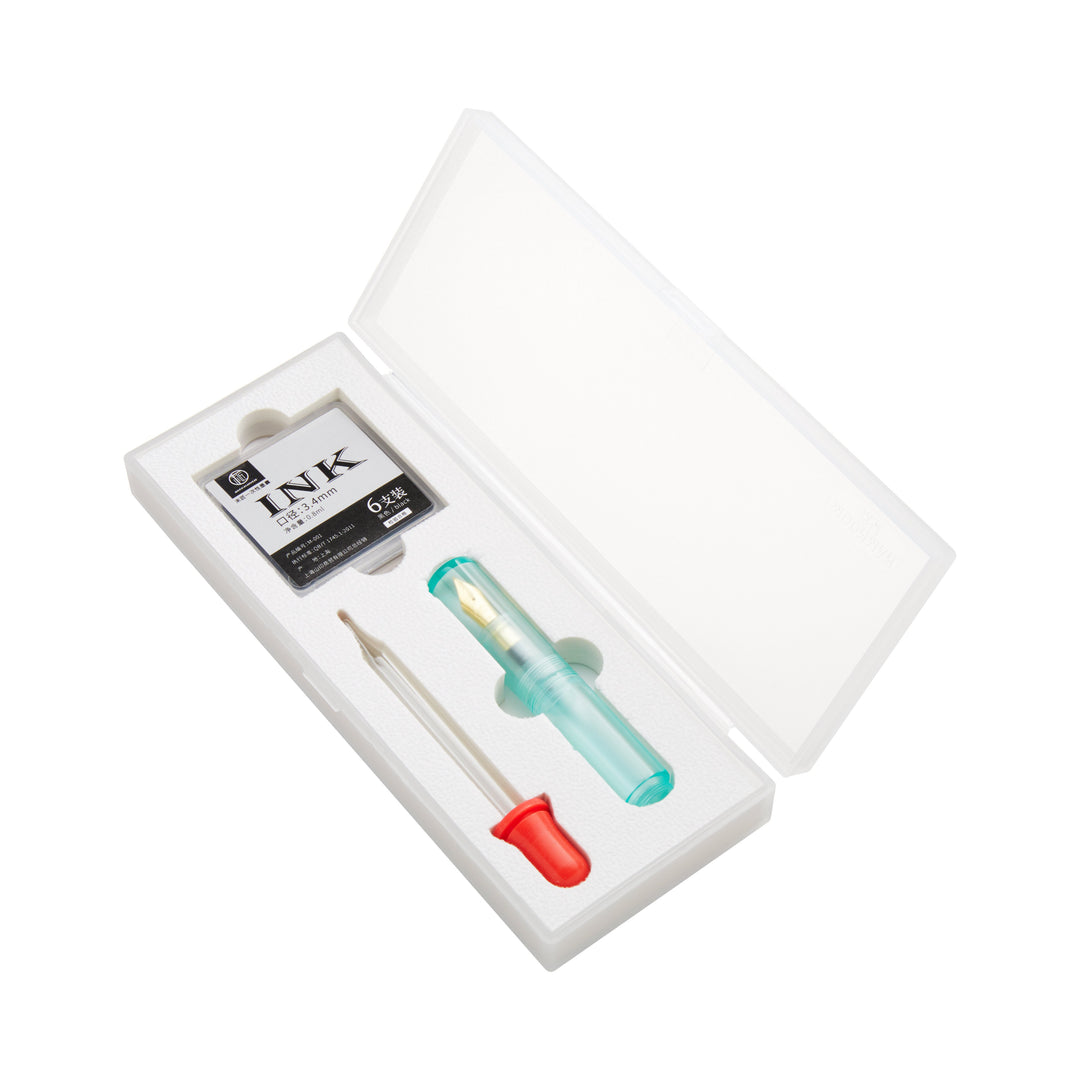 Wancai Mini (Light Green) - Fine: A pen accessory kit with a turquoise pen section, red-bulb dropper, and six 3.4 mm ink cartridges in a clear plastic case.
