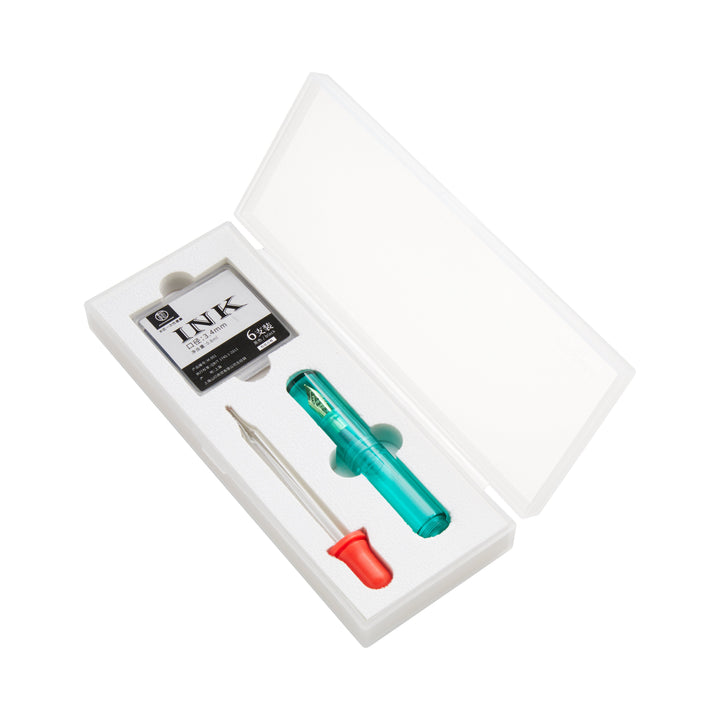 Wancai Mini (Dark Green) - Fine hole-punch kit with red-handled driver, spare bits in green tube, and brand card in white plastic case.