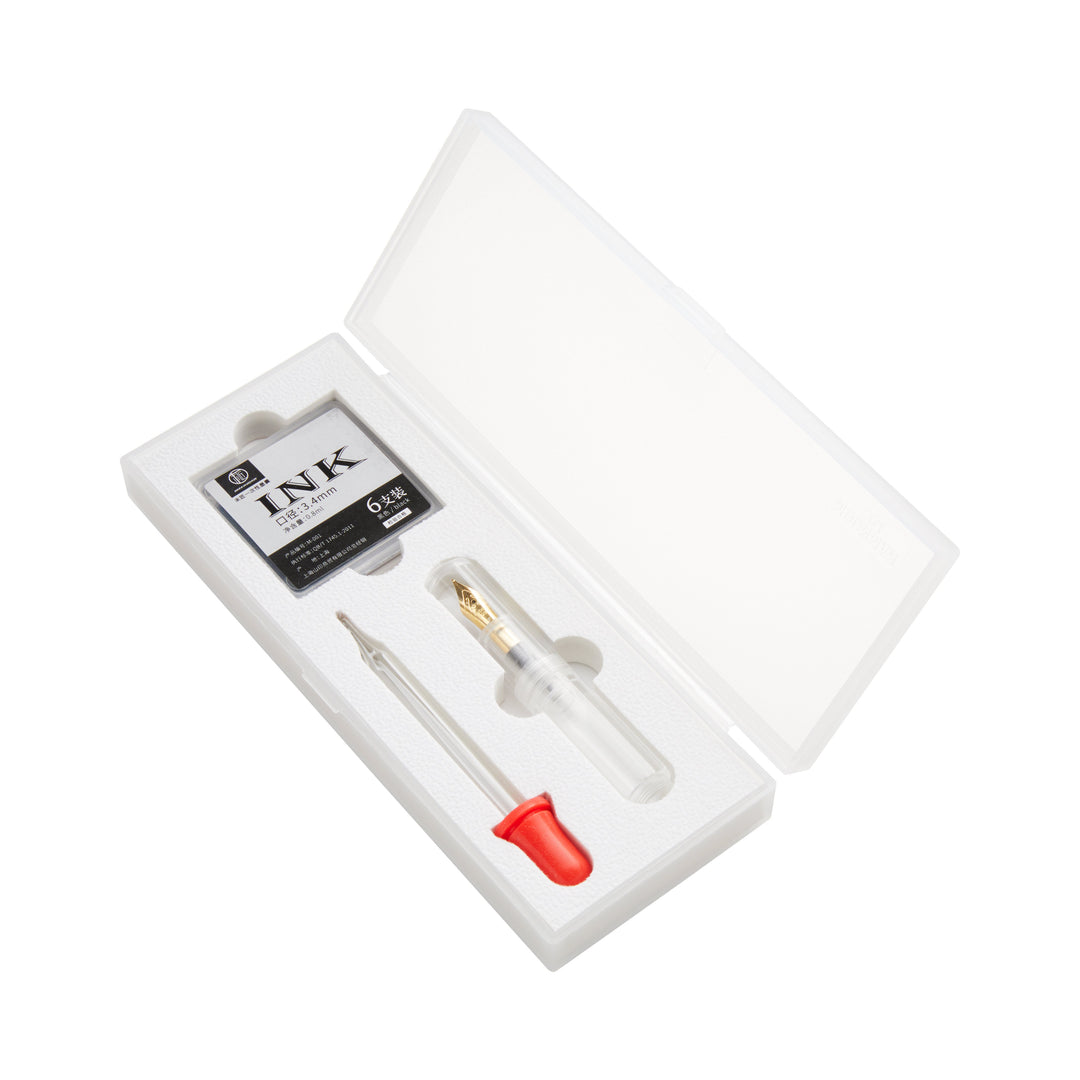 Wancai Mini (Clear) - Fine: Compact refill kit with ink cartridges, piston-style converter, and dropper, all in a clear plastic case for versatile fountain pen use.