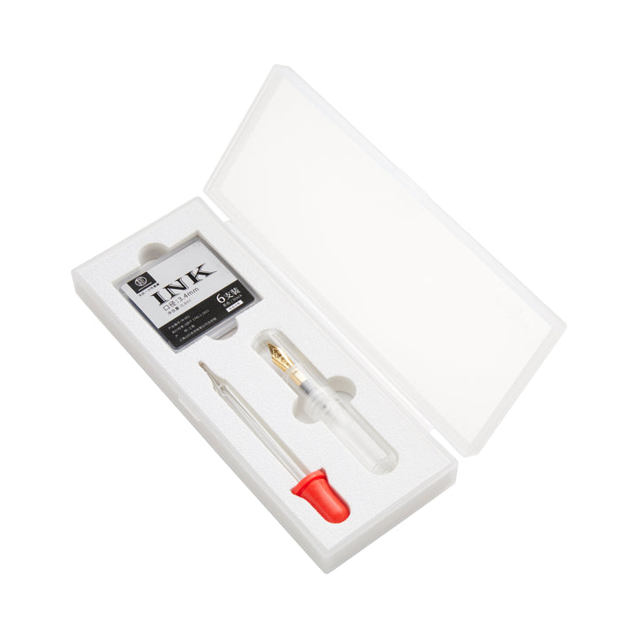 Wancai Mini (Clear) - Fine: Compact refill kit with ink cartridges, piston-style converter, and dropper, all in a clear plastic case for versatile fountain pen use.