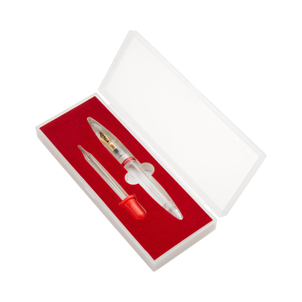 M2 (Clear) - Fine fountain pen gift set in a white box with red felt lining, featuring a transparent pen with gold-tone nib and an ink dropper.
