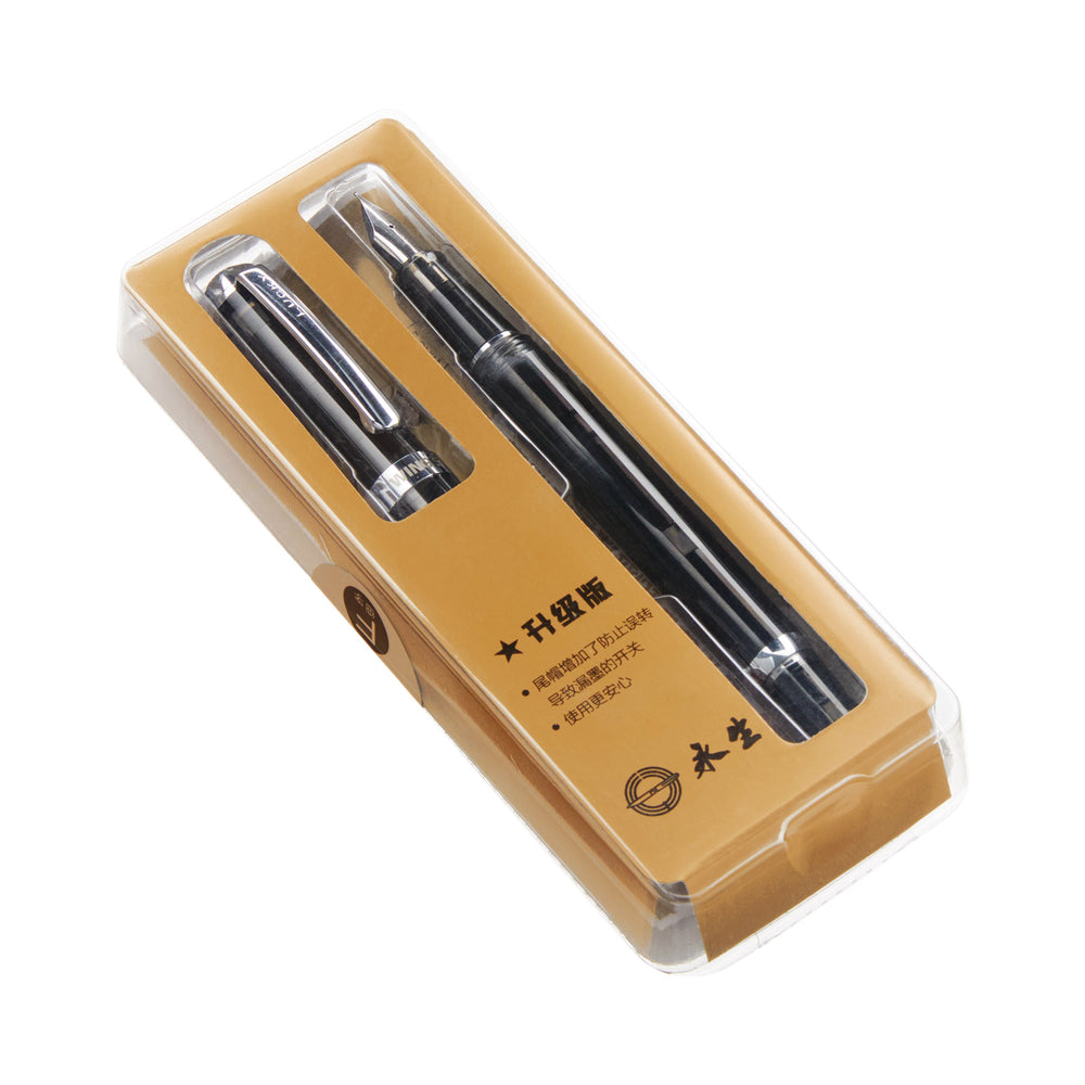 Wing Sung 698 (Black/Silver) - Fine fountain pen in blister pack, features translucent black body, chrome trims, screw-on cap, and piston mechanism for easy maintenance.