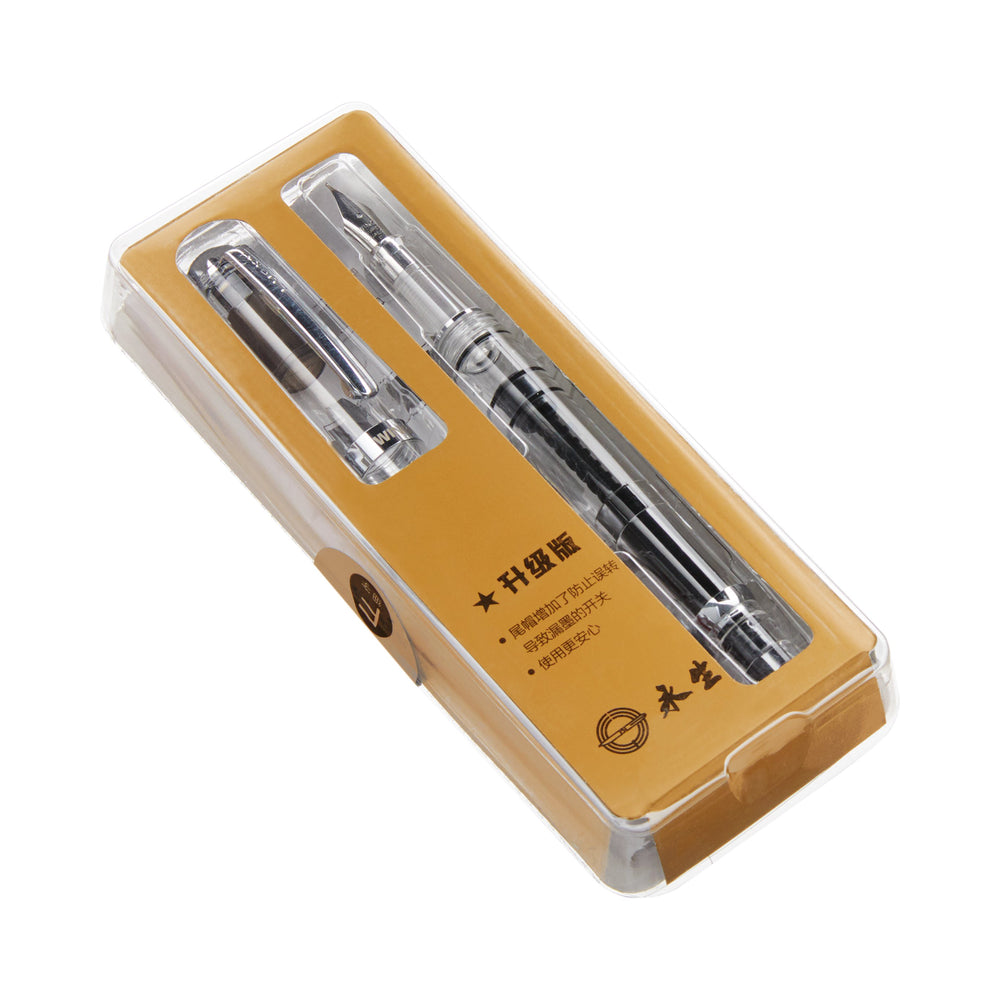 Wing Sung 698 (Clear/Silver) - Fine fountain pen in blister pack, showcasing a clear barrel and cap against an orange card with Chinese text.
