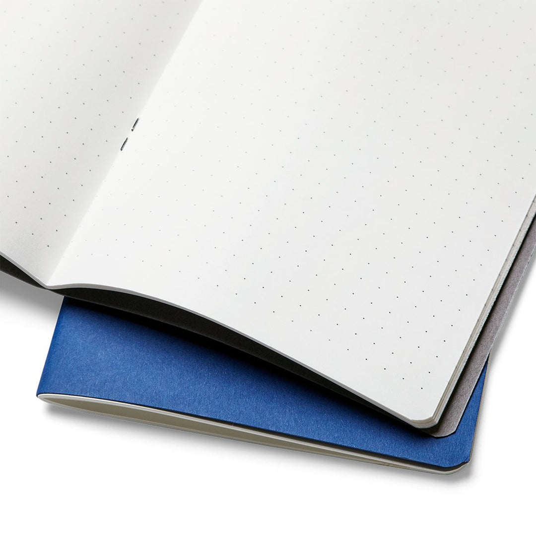 Tomoe River Notebook - B6 Slim (Dot Grid) showing open dot-grid pages atop a blue-covered notebook, ideal for bullet journaling with premium paper quality.