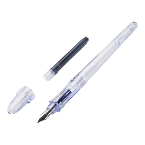 Penmanship - Extra Fine (Clear) fountain pen disassembled into three parts: transparent cap, pen barrel with metal nib, and separate ink cartridge/converter.