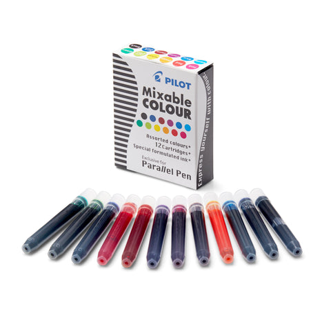 Parallel Mixable Colour Ink Cartridges - Assorted (12 pack) displayed with cartridges in front, designed for Pilot's Parallel calligraphy pens, offering versatile refill options.