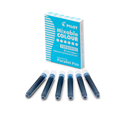 Parallel Mixable Colour Ink Cartridges - Turquoise (6 pack) displayed in front of packaging, specifically designed for Pilot Parallel Pens, featuring special dye-based formulation.