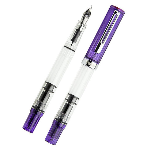 ECO (Transparent Purple) - Medium fountain pen, uncapped showing steel nib and piston mechanism; capped view highlights purple cap with metal clip and clear reservoir.