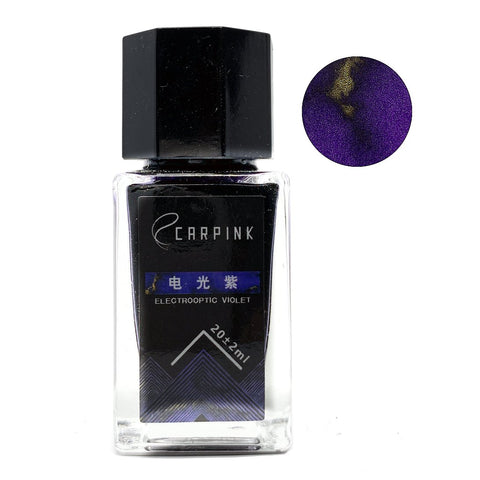 Electro Optic Violet - 18ml fountain-pen ink in a small glass bottle, featuring a green sheen purple shade, labeled CARPINK, with an intense violet color swatch.