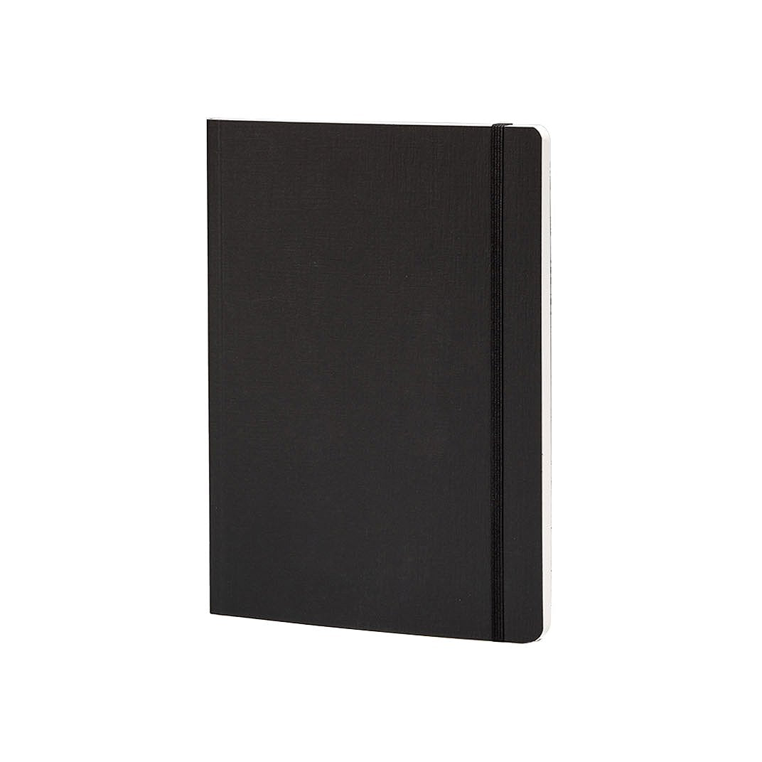 EcoQua A5 Ruled - Black notebook with a black canvas softcover, secured by a vertical elastic band, containing 160 pages of pale ivory, ruled paper.