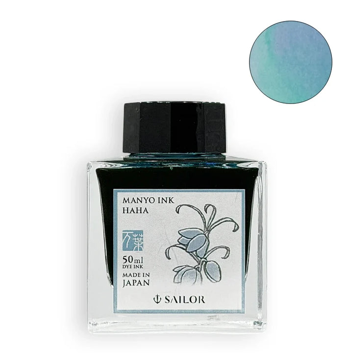 Sailor Manyo Haha 50ml fountain pen ink bottle with light blue swatch