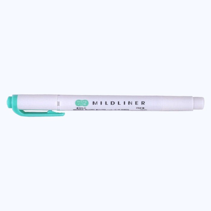 Mildliner - Blue-Green highlighter with double-ended design, featuring a chisel tip for highlighting and a fine point for detailed writing.