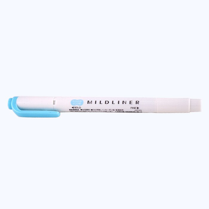 Zebra Mildliner - Blue dual-tip highlighter featuring a broad chisel tip and fine bullet tip for versatile highlighting and writing tasks.