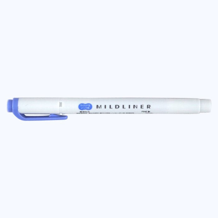 Zebra Mildliner - Dark Blue dual-tip highlighter, pen-style marker with broad chisel tip and fine bullet tip, ideal for highlighting and underlining text.