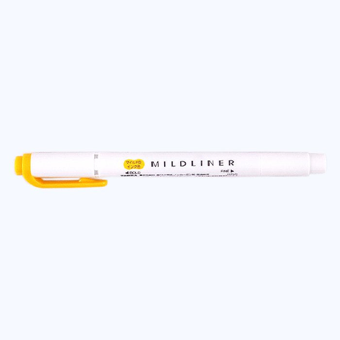 Zebra “Mildliner” dual-tip highlighter with a white barrel and yellow caps; features fine and chisel tips for versatile highlighting.