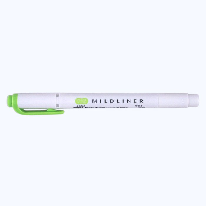 Zebra Mildliner - Green: Double-ended highlighter with a fine point and bold chisel tip, perfect for subtle highlighting and precise bullet points.