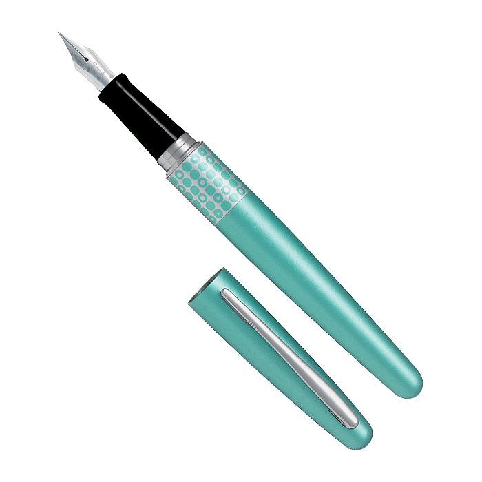 Pilot MR3 (Aqua)- Fine fountain pen with silvery steel nib and black grip, featuring a matching cap and chrome clip, uncapped for display.