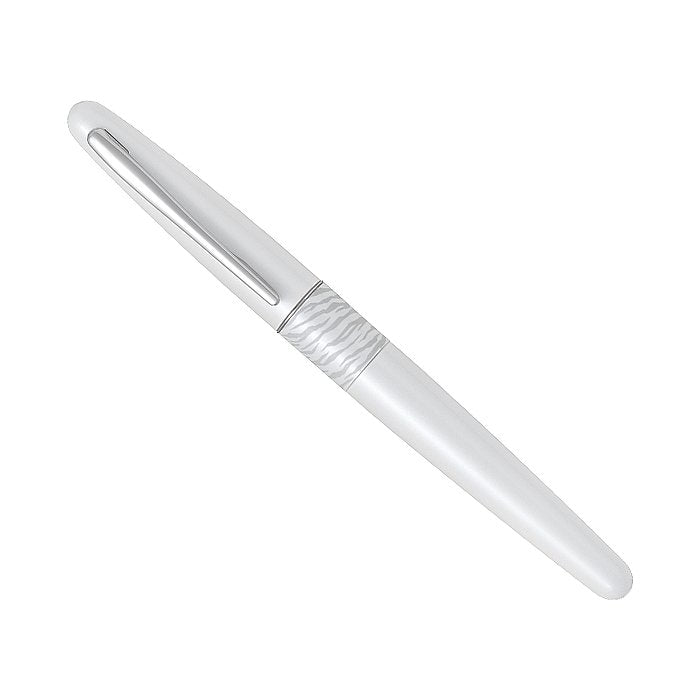 MR2 (White Tiger) fountain pen with a white body, silver clip, decorative band, and medium steel nib. Comes with a squeeze converter and black ink cartridge.