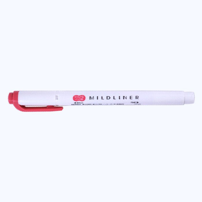 Mildliner - Red dual-tip marker with broad chisel and fine point ends, featuring red-pink caps for highlighting or detailed writing tasks.