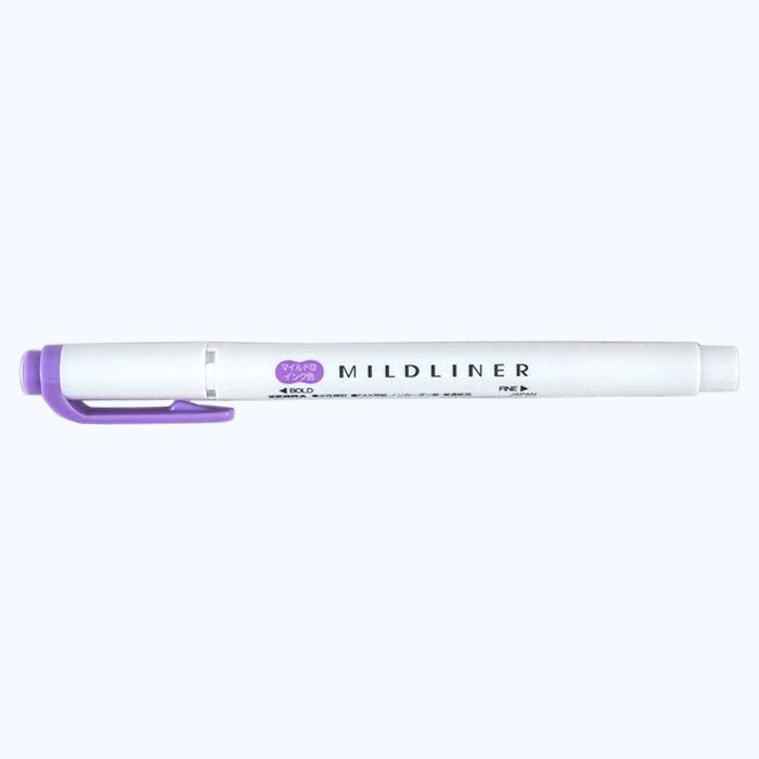 Zebra Mildliner Violet highlighter with dual tips: a broad chisel for highlighting and a fine bullet tip for detailed writing.