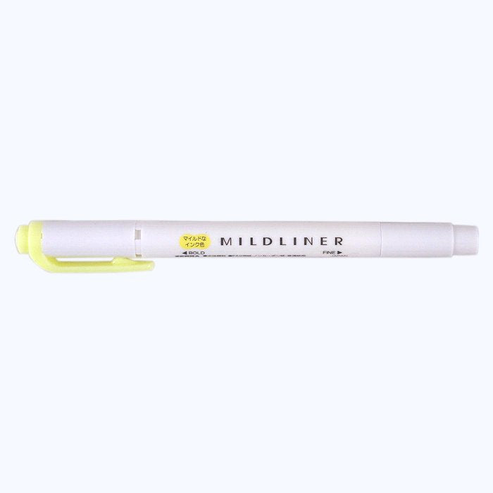 Zebra Mildliner - Yellow dual-tip highlighter with a broad chisel and fine point, ideal for subtle text highlighting and creating bullet points.