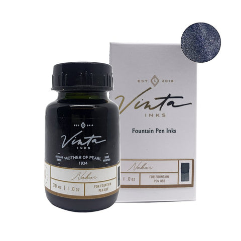 Bottle and box of Vinta Inks' Mother of Pearl (Nakar 1934) - 30ml, showcasing dark blue ink with pearlescent shimmer from the Mother of Pearl series.