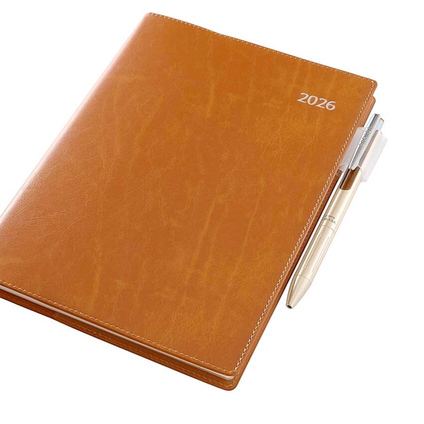 Nolty 2026 PDCA Planner - A5 (Camel), featuring a faux-leather cover with 2026 embossed, includes a matching pen and pen holder. Ideal for business use with detailed Japan maps.