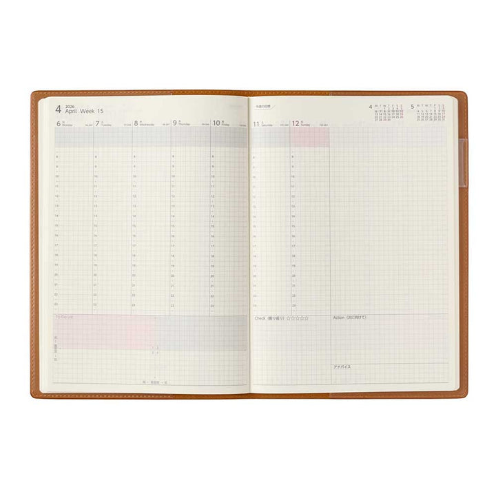 2026 PDCA Planner - A5 (Camel) by NOLTY, featuring a weekly vertical layout with hourly columns, to-do list, and check-action sections on cream graph-paper, bound in faux-leather.