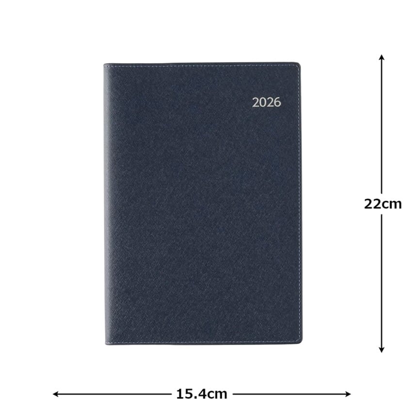 2026 Nolty PDCA Planner - A5 (Navy), closed hardcover, textured dark-blue, with “2026” label. Ideal for business use, includes pen holder, maps, and bookmarks. Made in Japan.