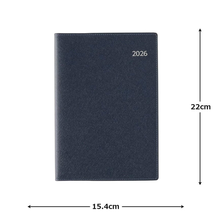 2026 Nolty PDCA Planner - A5 (Navy), closed hardcover, textured dark-blue, with “2026” label. Ideal for business use, includes pen holder, maps, and bookmarks. Made in Japan.