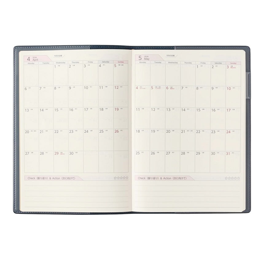 2026 PDCA Planner - A5 (Navy) by NOLTY, showing April and May 2020 monthly spreads with grids, notes sections, and Check &amp; Action lines.