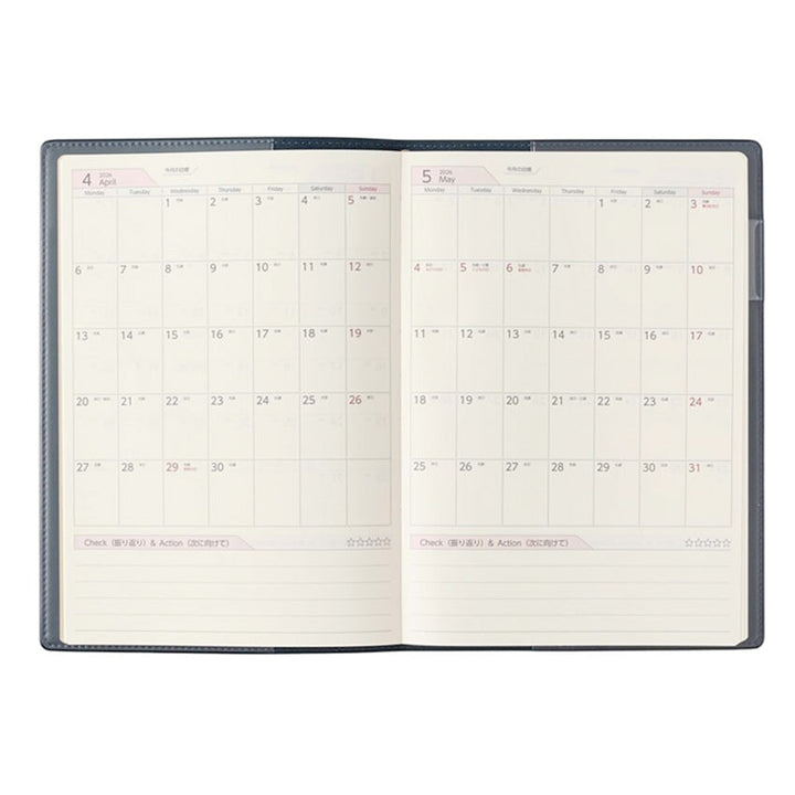 2026 PDCA Planner - A5 (Navy) by NOLTY, showing April and May 2020 monthly spreads with grids, notes sections, and Check & Action lines.