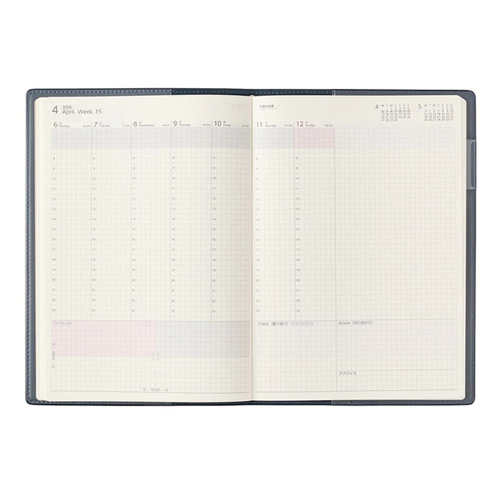 2026 PDCA Planner - A5 (Navy) with hourly weekly layout, note grid, task tracking, and monthly mini-calendars, featuring a protective cover, ideal for organized scheduling.