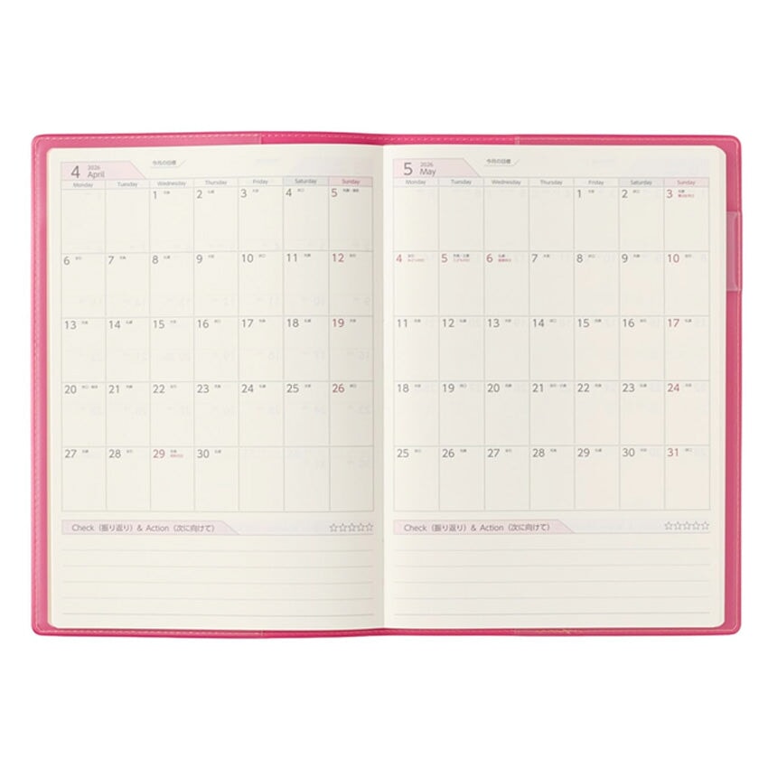 2026 PDCA Planner - A5 (Pink) with April and May calendars open, featuring lined note sections, showcasing Japanese craftsmanship from NOLTY, available at Desk Bandit.