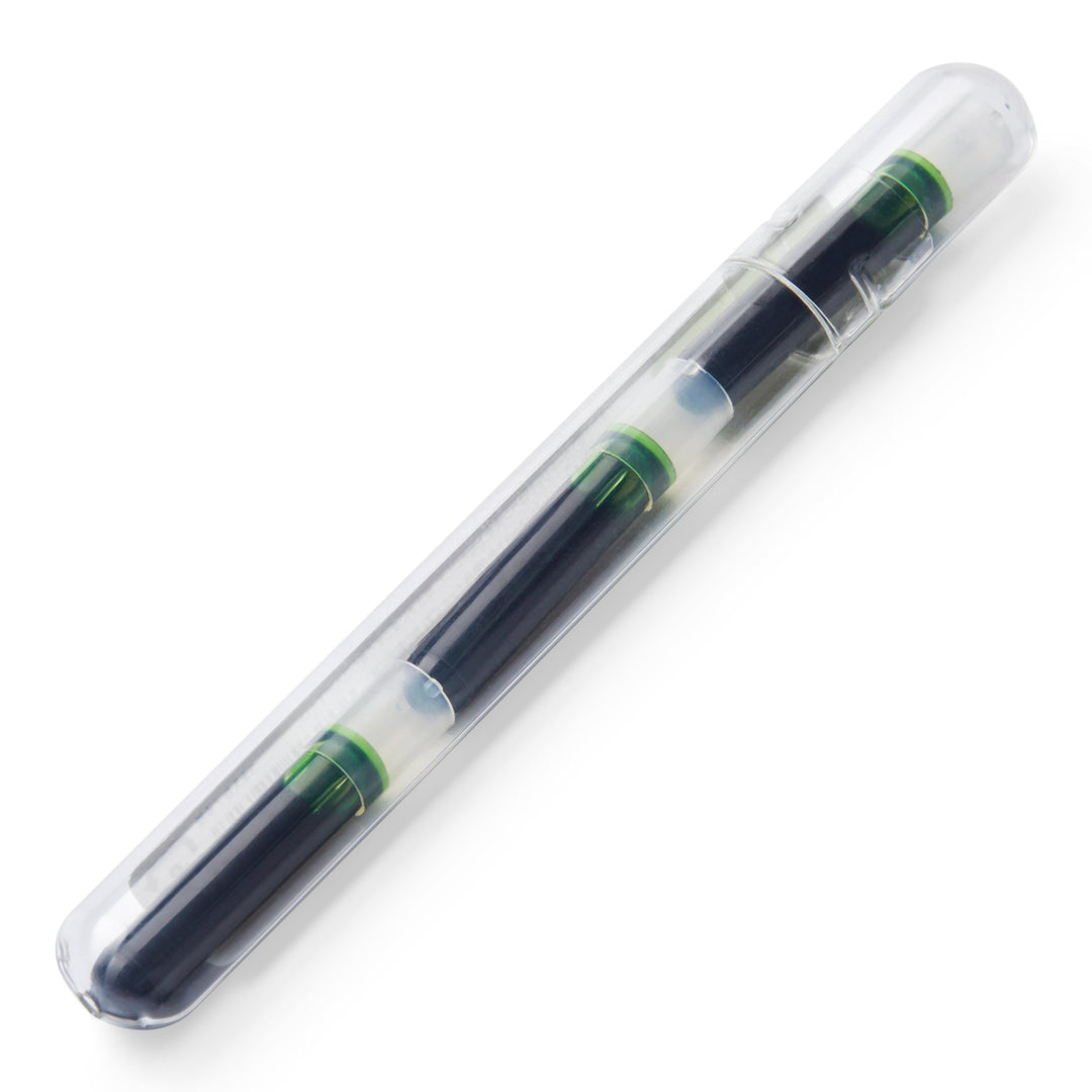 Petit Ink Cartridges - Green, shown in a clear plastic storage tube, designed for Pilot Petit pens, featuring two visible black/green fountain-pen ink cartridges.