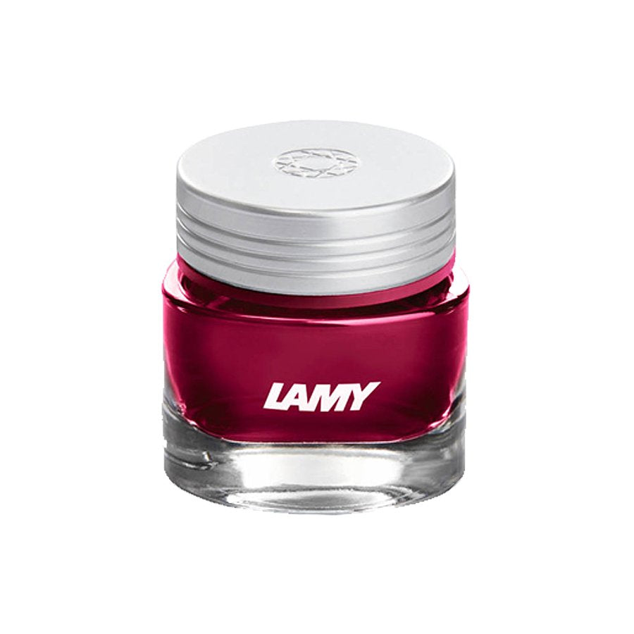 Lamy T53 Crystal Ink - Ruby - 2ml, in a small clear glass bottle with a silver screw-top lid, showcases premium German craftsmanship.