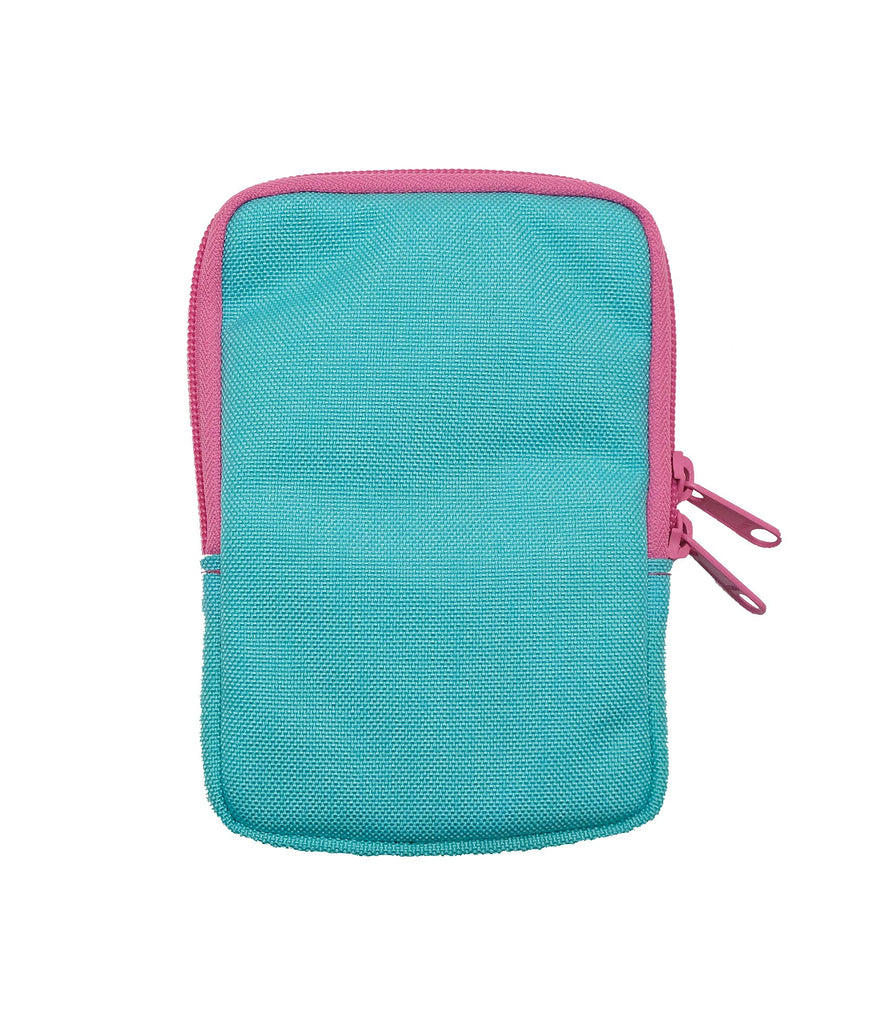 Sinclair Case - Spa Blue / Lime Green, a compact zip-up pouch by Nock Co., features dual zipper pulls and compartments for organizing pens or small items.