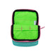 Sinclair Case - Spa Blue/Lime Green open, showing pink zipper, bright green interior with loops for pens or tools, and light blue exterior. Ideal for organizing small items.