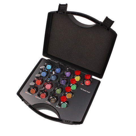 Small black carrying-case with 17 glass vials, each labeled for fundamental particles, part of Colorverse's limited edition The Standard Model ink set.
