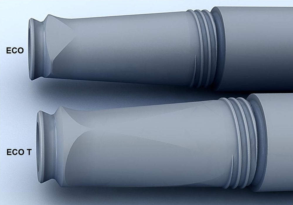 CAD rendering of two tubular nibs, ECO and ECO T. ECO T features a distinct taper near the inlet, enhancing grip for TWSBI's ECO-T (Blue) - Medium.