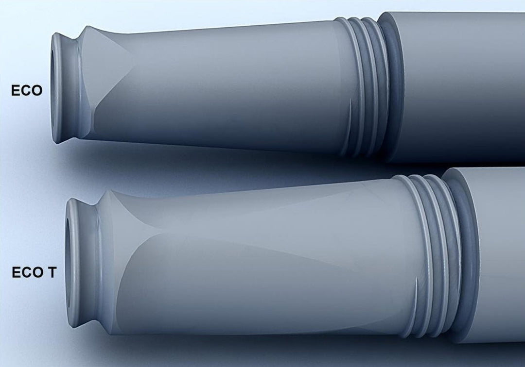 CAD rendering of two tubular nibs, ECO and ECO T. ECO T features a distinct taper near the inlet, enhancing grip for TWSBI&