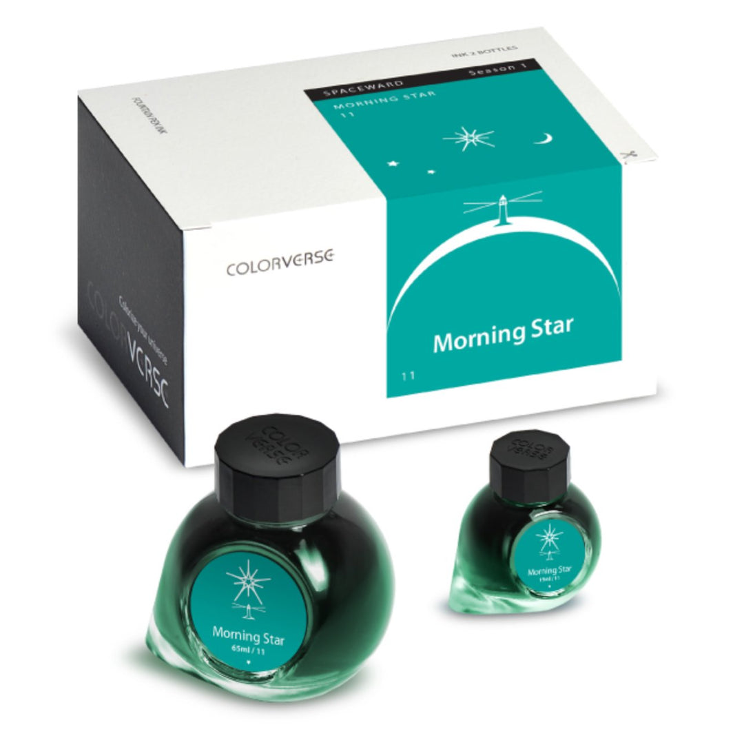 Morning Star - 65ml + 15ml Set: Boxed ColorVerse inks with two teal-green bottles, brochure, pen rest, stickers, bookmark, and napkin, in a branded white-and-teal box.