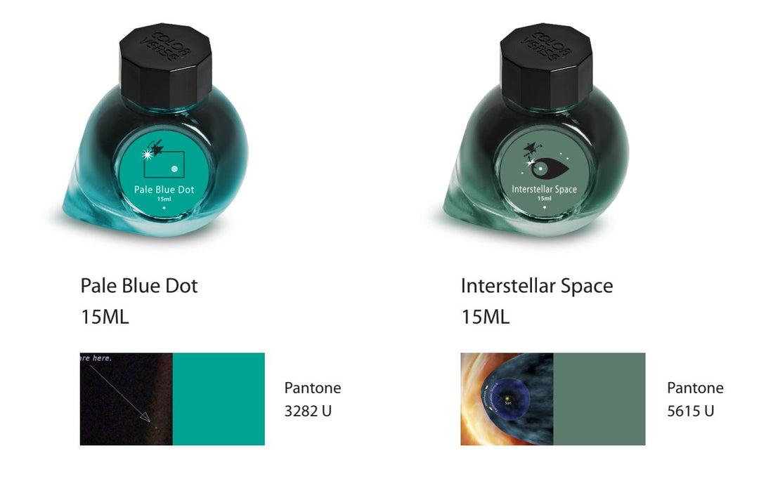Voyager 1 1977 (Limited Edition) ink set features two 15ml bottles: Pale Blue Dot and Interstellar Space, each with thematic illustrations.