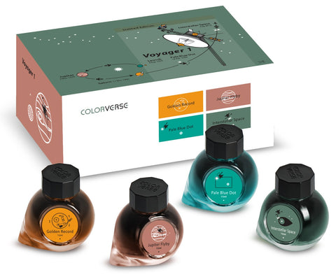 Colorverse's Voyager 1 1977 Limited Edition ink set features four milestone-themed 15ml bottles and a mission-decorated box, celebrating the iconic space journey.