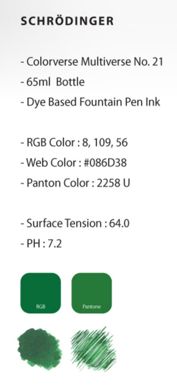 Schrödinger - 2ml from Colorverse, a dye-based fountain-pen ink, shown with ink samples and spec sheet from the Multiverse series, highlighting quality and plant-based production.